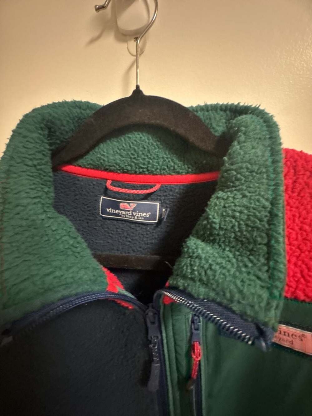 Vineyard Vines 1/4 Zip Fleece Pullover Jacket Men med Colorblock Green/Red - Picture 3 of 6